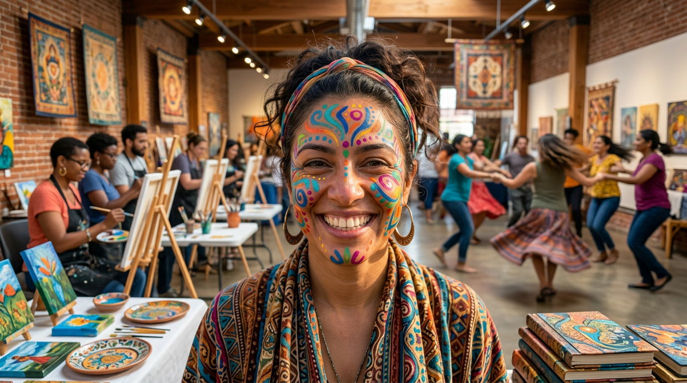Smiling woman with brightly colored face paint and patterned scarf at a festival